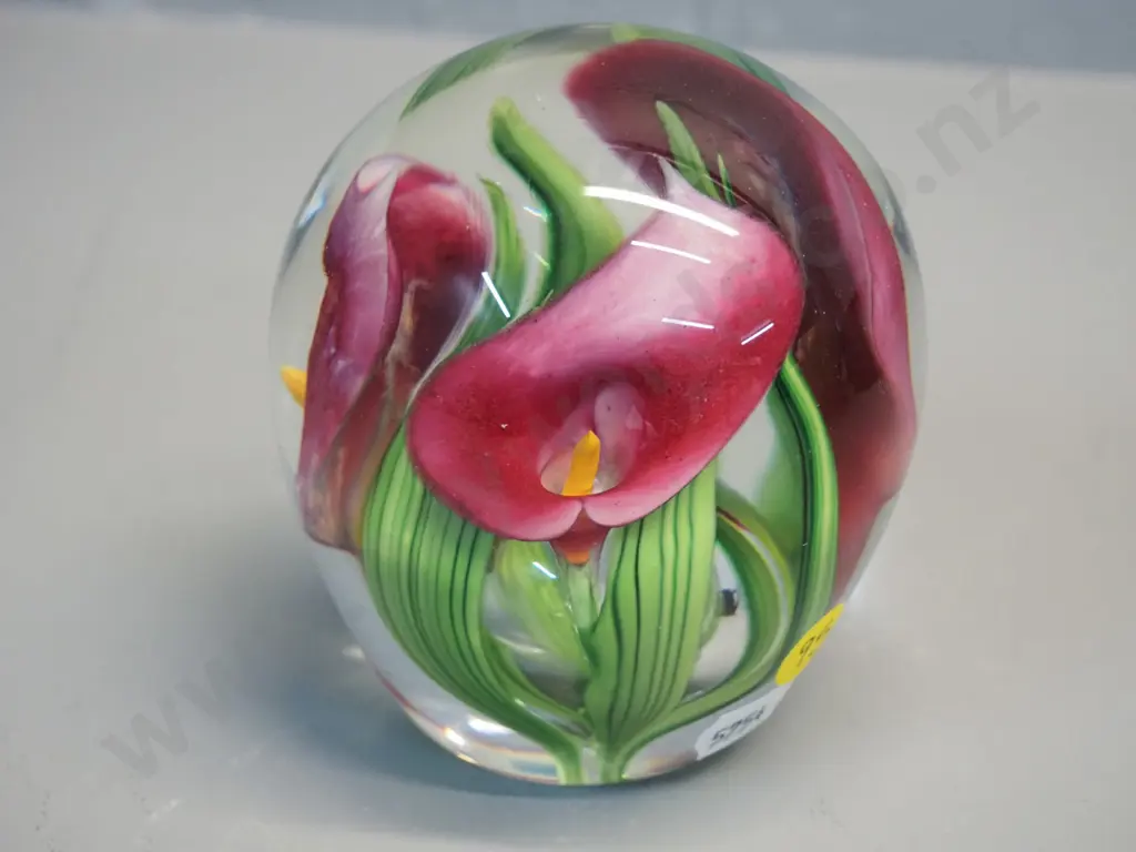 Peter Raos art glass paperweight - red lilies H100 D90 - marked 2008 NZ Image 1++