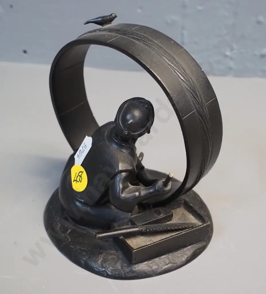 Japanese? small bronze or other cast metal figure of a man with bird H-120 Circle is D-100 Image 1++