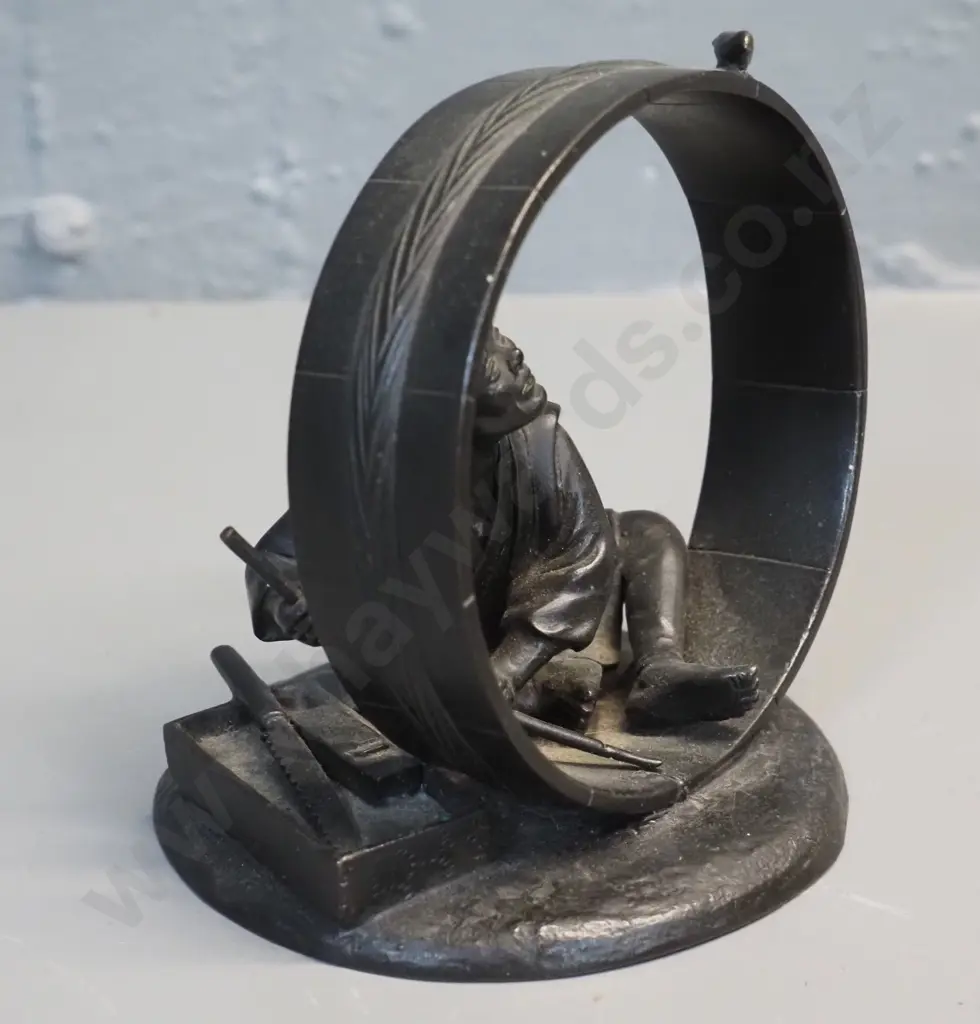 Japanese? small bronze or other cast metal figure of a man with bird H-120 Circle is D-100 Image 1++