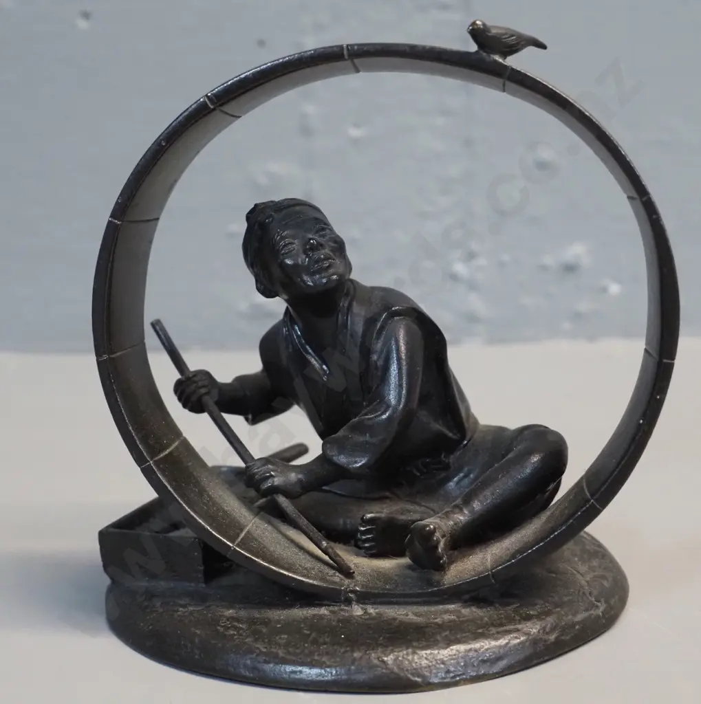 Japanese? small bronze or other cast metal figure of a man with bird H-120 Circle is D-100 Image 1++