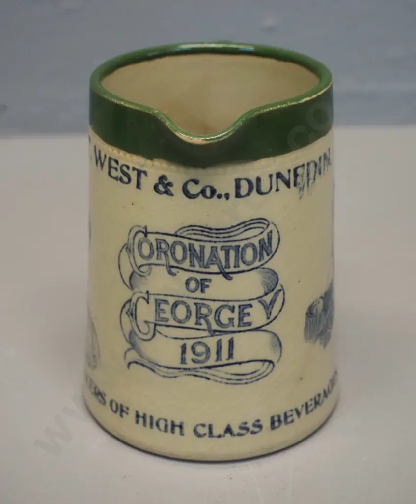 vintage T West & Co Dunedin 1911 Coronation of George V jug - crazing, wear and prominent crack H110 Image 1++