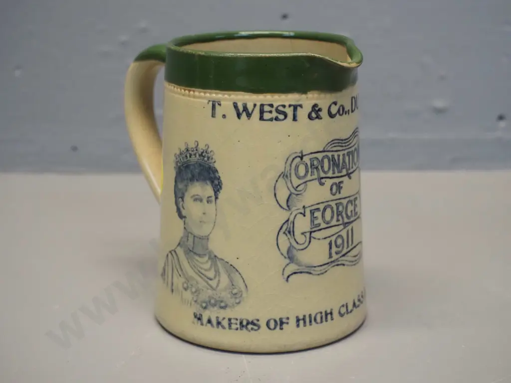 vintage T West & Co Dunedin 1911 Coronation of George V jug - crazing, wear and prominent crack H110 Image 1++