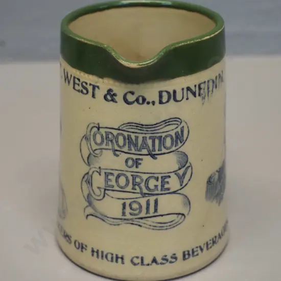 vintage T West & Co Dunedin 1911 Coronation of George V jug - crazing, wear and prominent crack H110