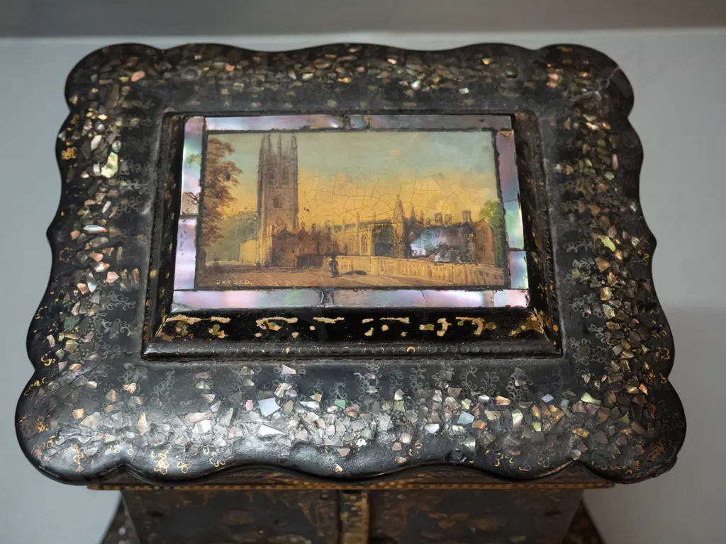 vintage timber and papier mache jewellery chest with crushed mother of pearl decoration, pictorial panel on hinged top Image 1++