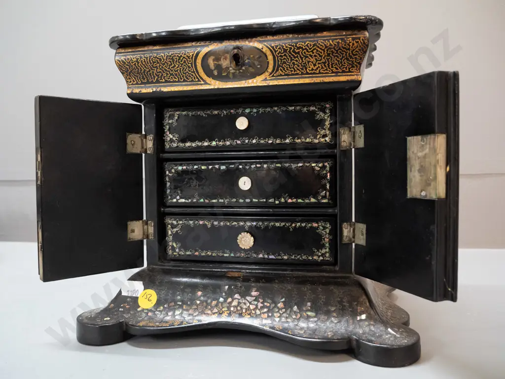 vintage timber and papier mache jewellery chest with crushed mother of pearl decoration, pictorial panel on hinged top Image 1++