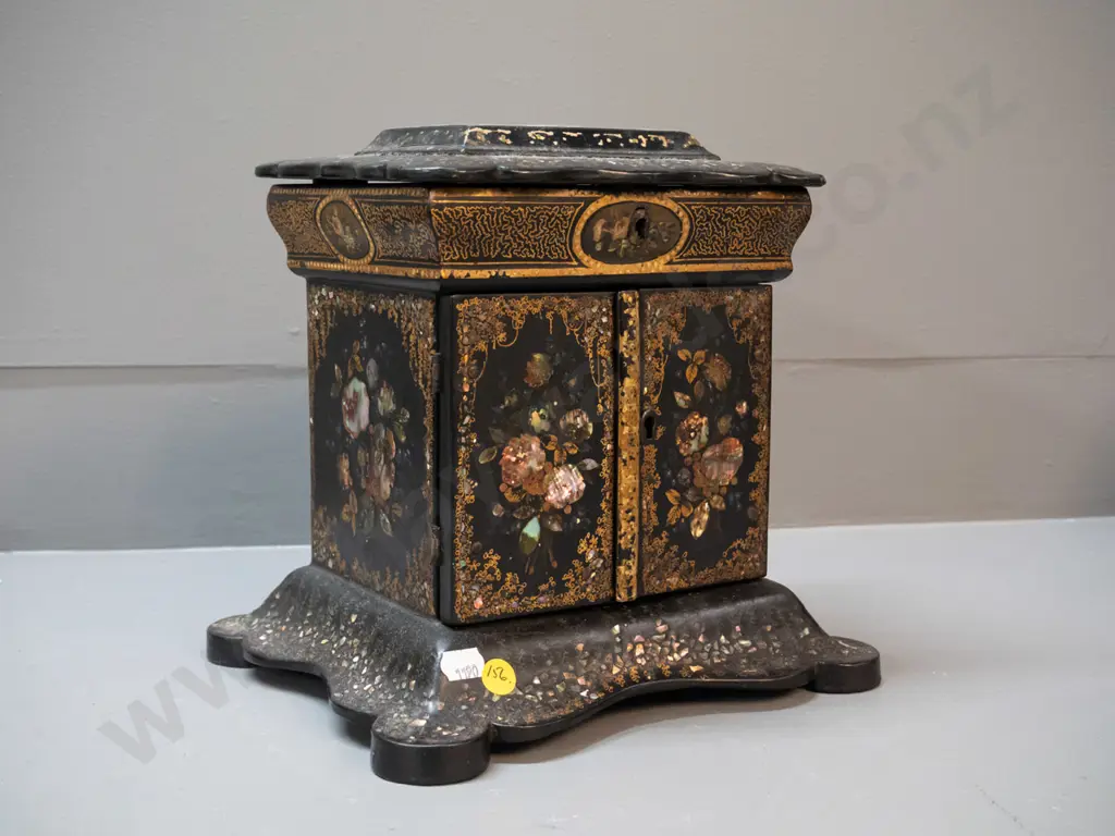 vintage timber and papier mache jewellery chest with crushed mother of pearl decoration, pictorial panel on hinged top Image 1++