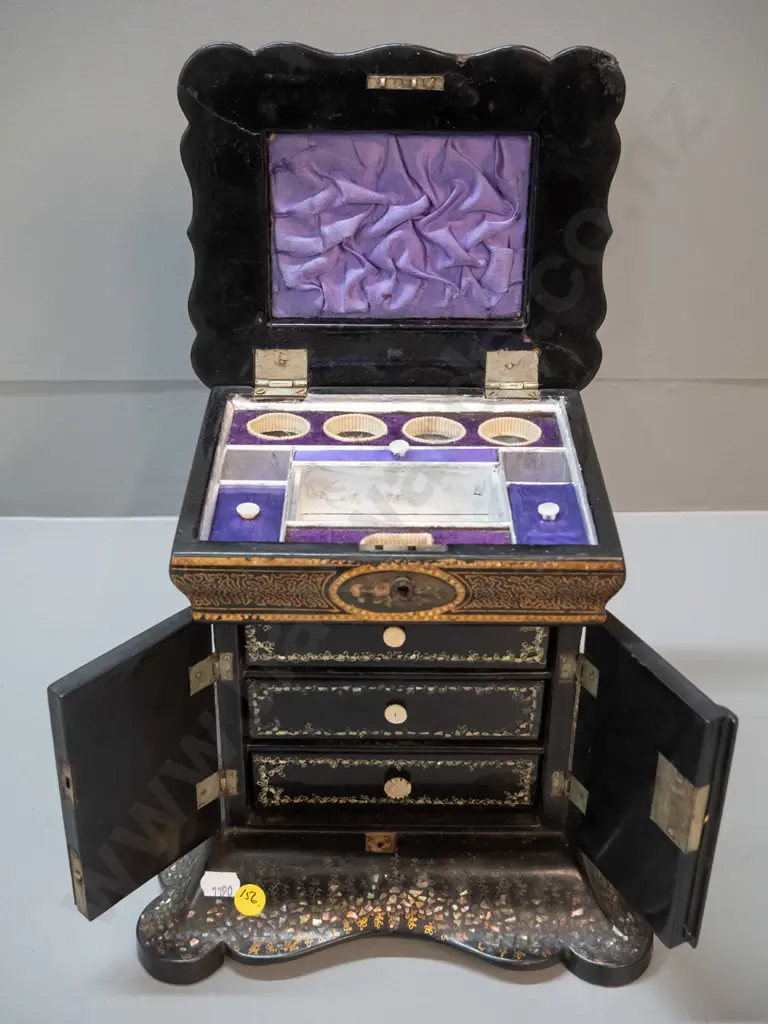 vintage timber and papier mache jewellery chest with crushed mother of pearl decoration, pictorial panel on hinged top Image 1++