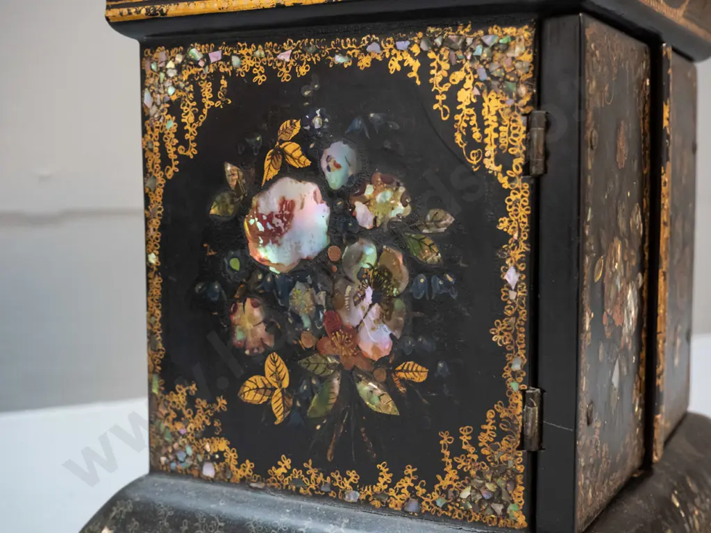 vintage timber and papier mache jewellery chest with crushed mother of pearl decoration, pictorial panel on hinged top Image 1++