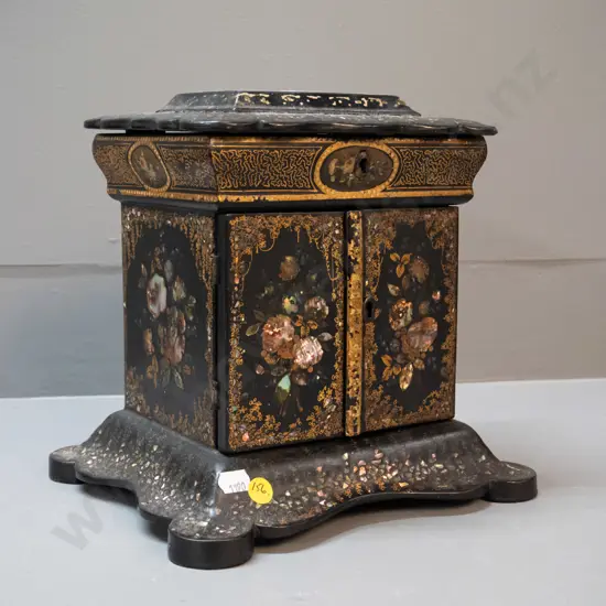 vintage timber and papier mache jewellery chest with crushed mother of pearl decoration, pictorial panel on hinged top