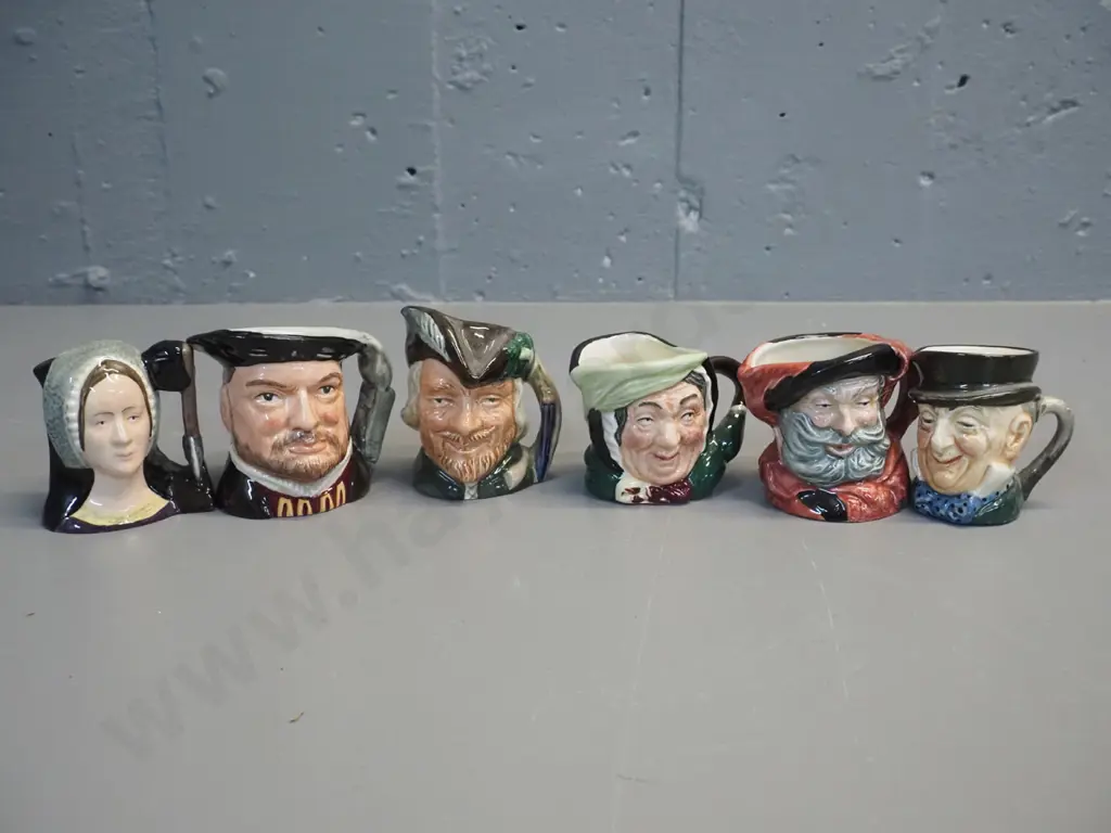 6 miniature Royal Doulton character jugs - Robin Hood H-70, Falstaff, Anne Boleyn, Sarey Gamp, Henry VIII etc. Image 1++