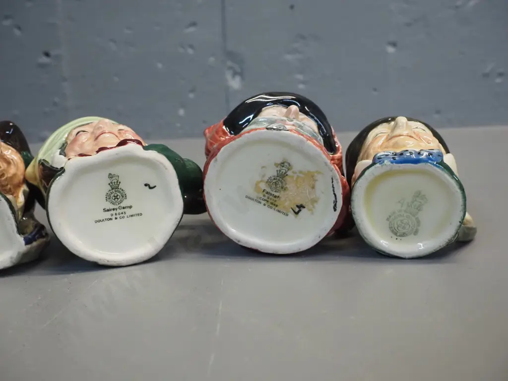 6 miniature Royal Doulton character jugs - Robin Hood H-70, Falstaff, Anne Boleyn, Sarey Gamp, Henry VIII etc. Image 1++