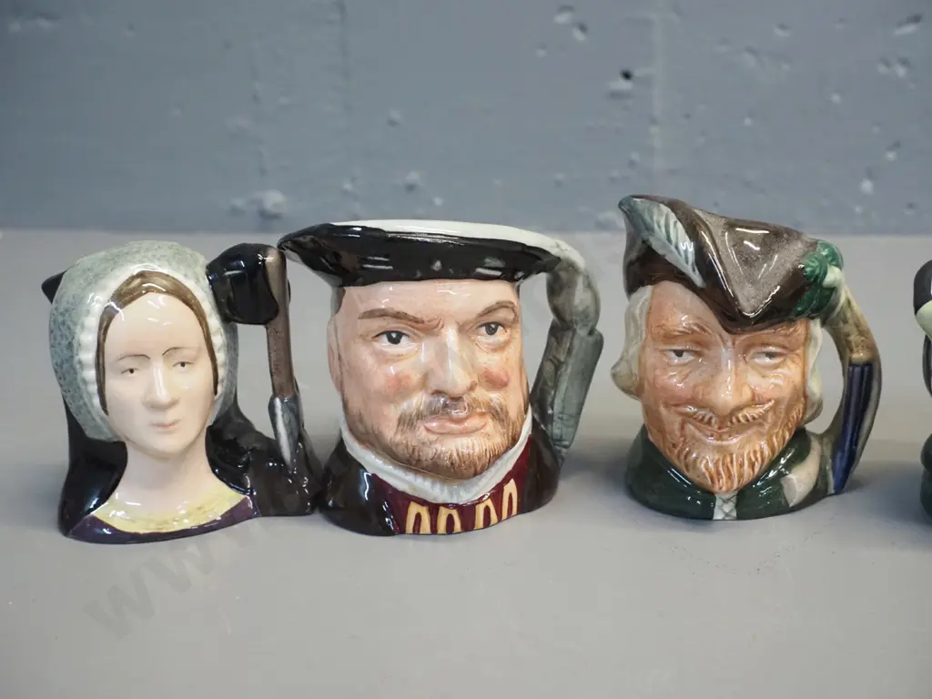 6 miniature Royal Doulton character jugs - Robin Hood H-70, Falstaff, Anne Boleyn, Sarey Gamp, Henry VIII etc. Image 1++