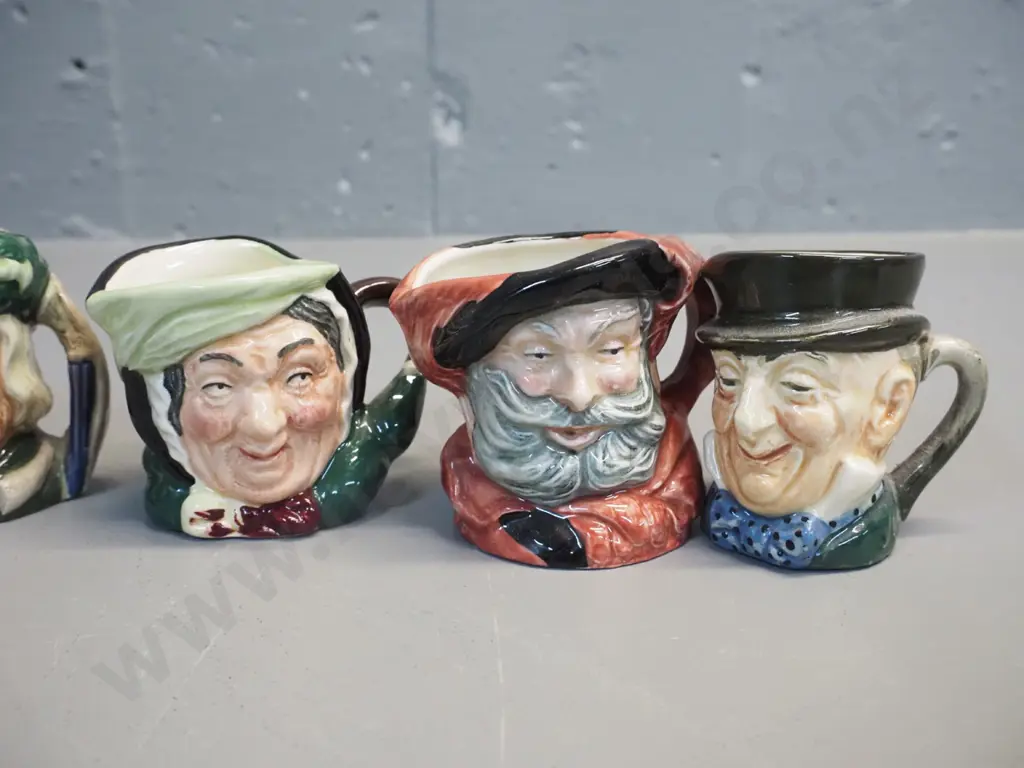6 miniature Royal Doulton character jugs - Robin Hood H-70, Falstaff, Anne Boleyn, Sarey Gamp, Henry VIII etc. Image 1++