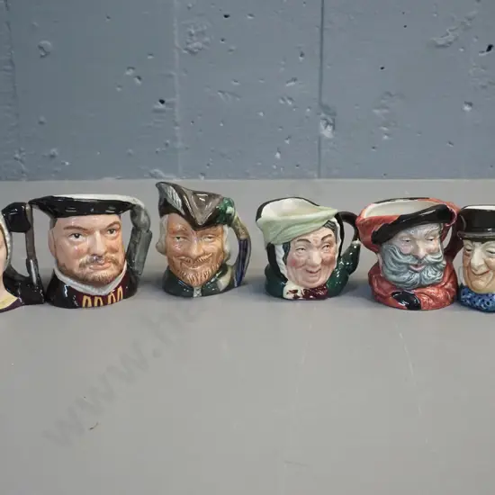6 miniature Royal Doulton character jugs - Robin Hood H-70, Falstaff, Anne Boleyn, Sarey Gamp, Henry VIII etc.