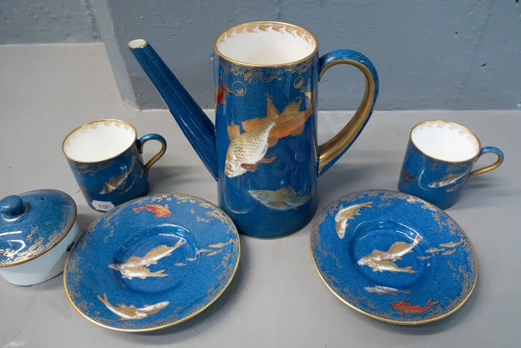 vintage Wedgwood Fairyland lustre Koi pattern coffee pot and 2 coffee cans & saucers - fine hairline crack to lid H-170 Image 1++