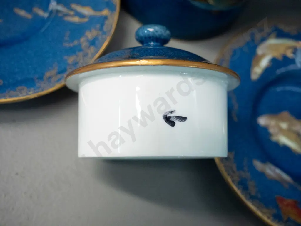vintage Wedgwood Fairyland lustre Koi pattern coffee pot and 2 coffee cans & saucers - fine hairline crack to lid H-170 Image 1++
