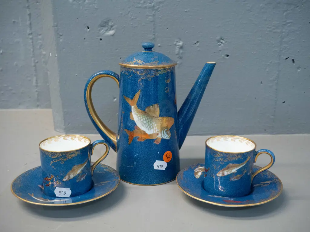 vintage Wedgwood Fairyland lustre Koi pattern coffee pot and 2 coffee cans & saucers - fine hairline crack to lid H-170 Image 1++
