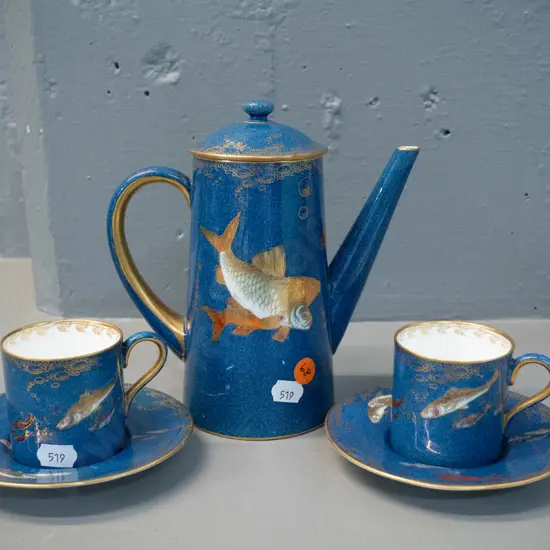 vintage Wedgwood Fairyland lustre Koi pattern coffee pot and 2 coffee cans & saucers - fine hairline crack to lid H-170