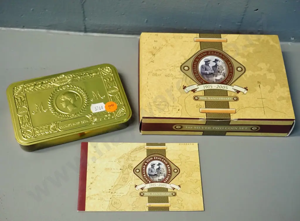 New Zealand 2005 Anzac / King & Empire coin set - two silver dollars in replica Christmas tin Image 1++