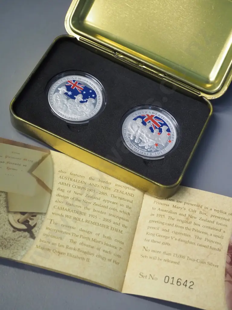 New Zealand 2005 Anzac / King & Empire coin set - two silver dollars in replica Christmas tin Image 1++