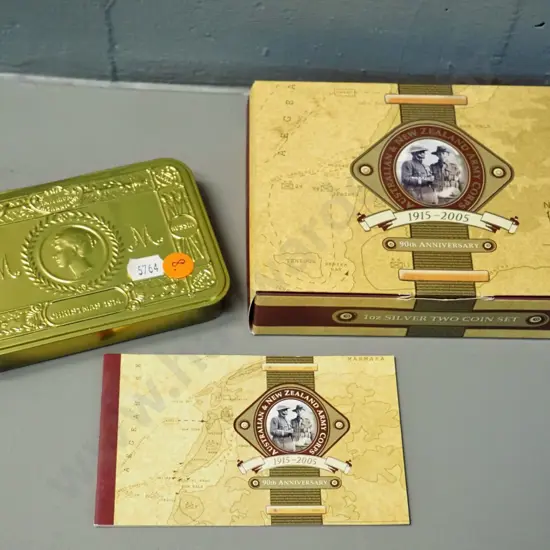 New Zealand 2005 Anzac / King & Empire coin set - two silver dollars in replica Christmas tin
