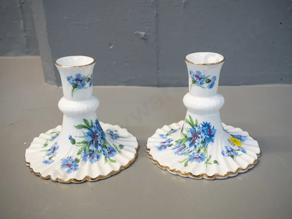 pair of Hammersley bone china cornflower pattern candlesticks H-100 D-115 Image 1++