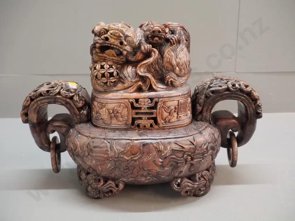 heavy carved stone or stone composite asian lidded vessel with loop handles - one dragon has ball in mouth - some chips Image 1++
