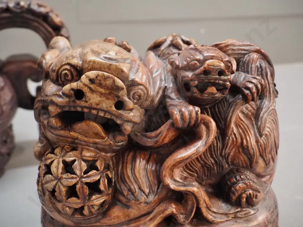 heavy carved stone or stone composite asian lidded vessel with loop handles - one dragon has ball in mouth - some chips Image 1++