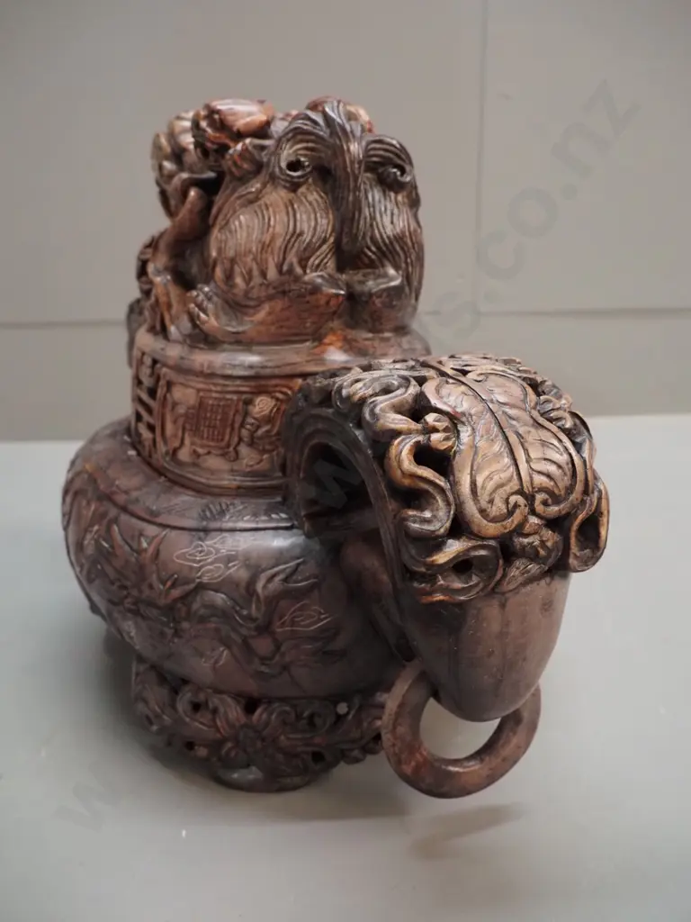 heavy carved stone or stone composite asian lidded vessel with loop handles - one dragon has ball in mouth - some chips Image 1++