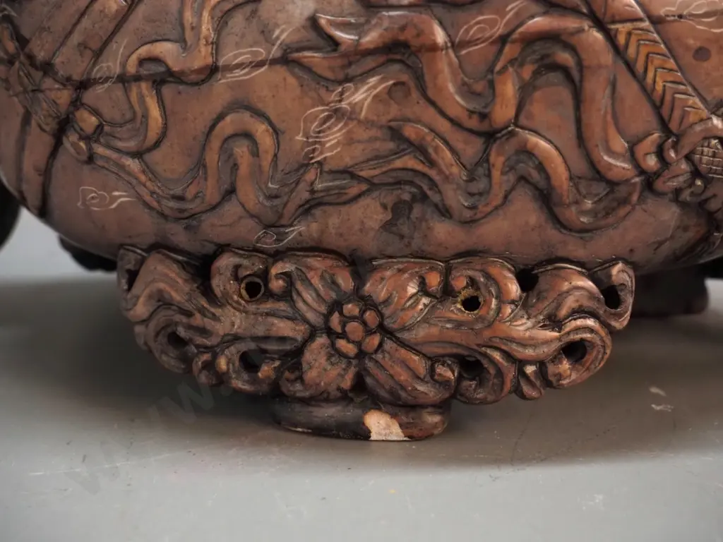 heavy carved stone or stone composite asian lidded vessel with loop handles - one dragon has ball in mouth - some chips Image 1++