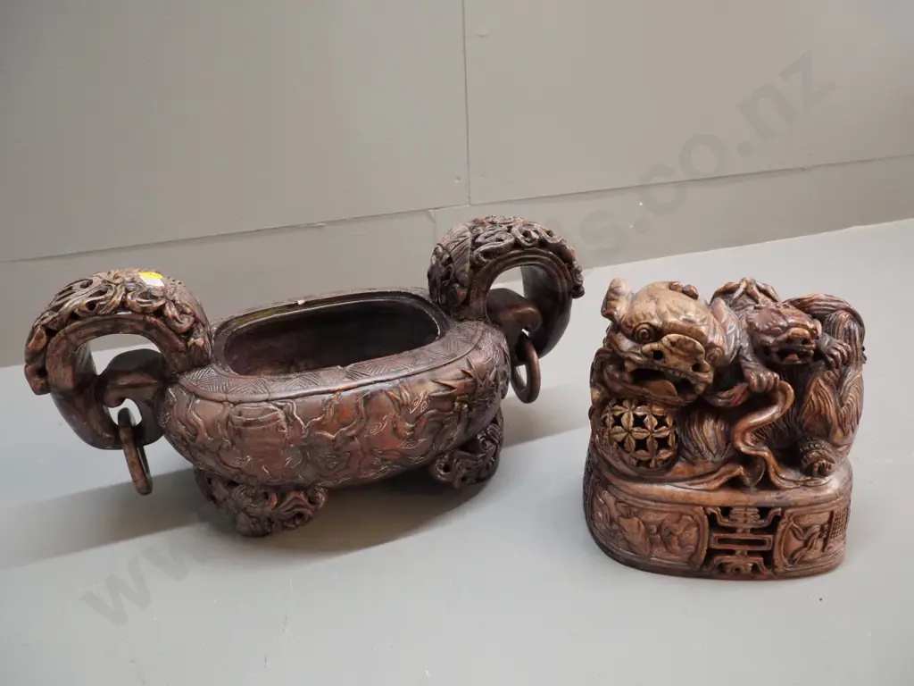 heavy carved stone or stone composite asian lidded vessel with loop handles - one dragon has ball in mouth - some chips Image 1++