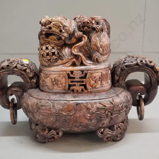 heavy carved stone or stone composite asian lidded vessel with loop handles - one dragon has ball in mouth - some chips