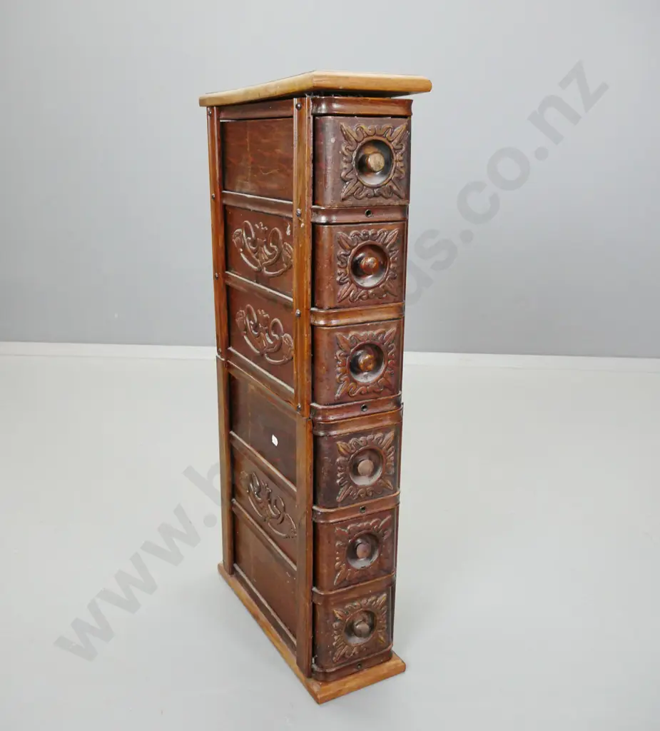 narrow set of 6 drawers made from sewing machine drawers with pressed and applied decoration - polish wear to top Image 1++