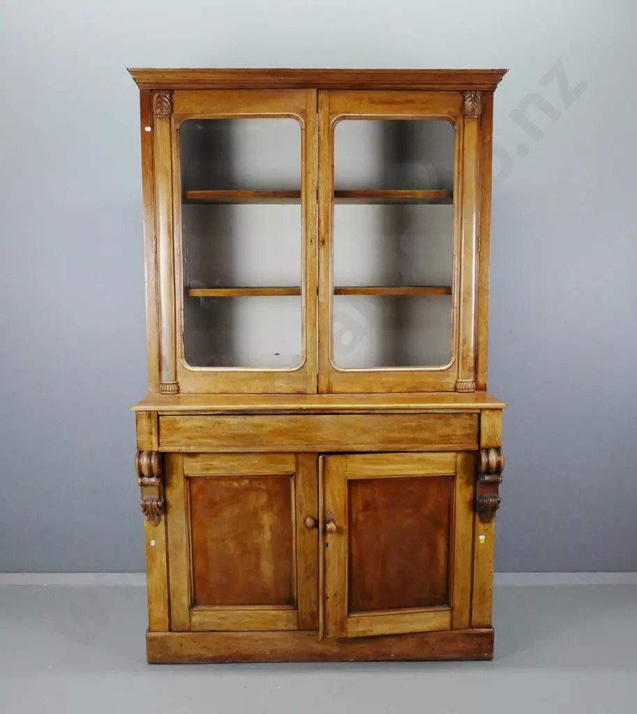 Victorian cedar bookcase-chiffonier with 2 glazed doors, 2 inner shelves, carved corbels and pilsasters, back lined with Image 1++