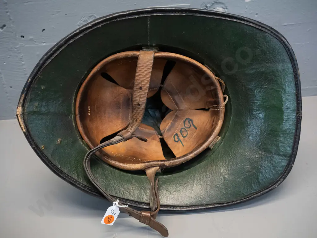 vintage New Zealand fire services fire helmet leather - wear to leather, fire service logo partly worn off Image 1++