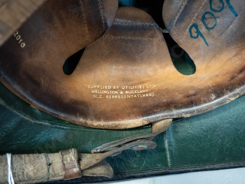 vintage New Zealand fire services fire helmet leather - wear to leather, fire service logo partly worn off Image 1++