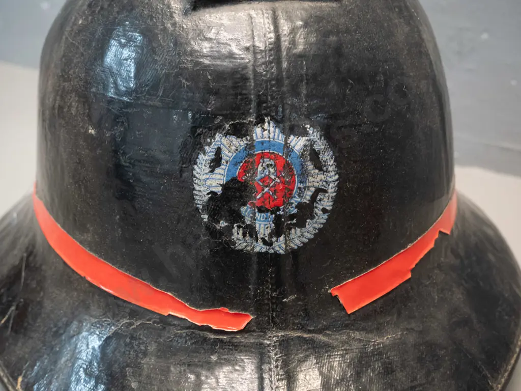 vintage New Zealand fire services fire helmet leather - wear to leather, fire service logo partly worn off Image 1++