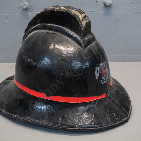 vintage New Zealand fire services fire helmet leather - wear to leather, fire service logo partly worn off