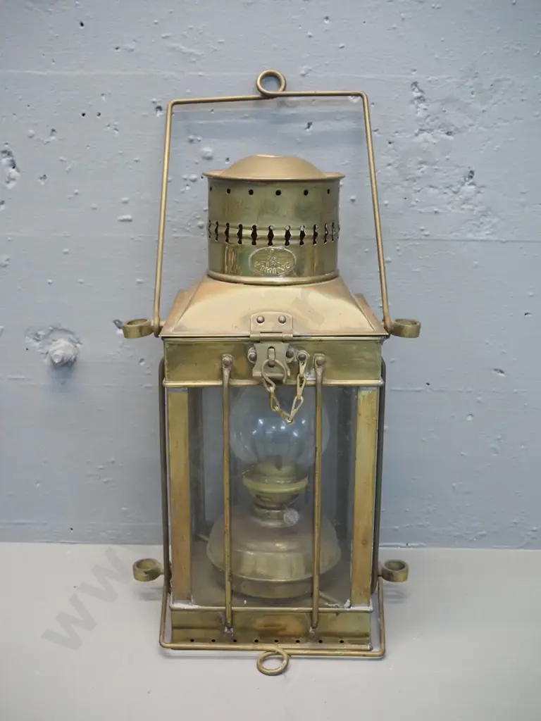 Viking brass and glass ship's lantern with internal chimney, top and bottom handles - case H-370 W-240 D-240 Image 1++