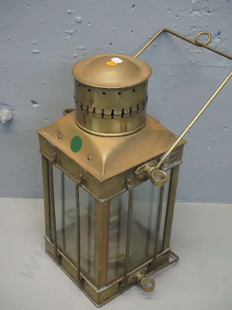 Viking brass and glass ship's lantern with internal chimney, top and bottom handles - case H-370 W-240 D-240 Image 1++