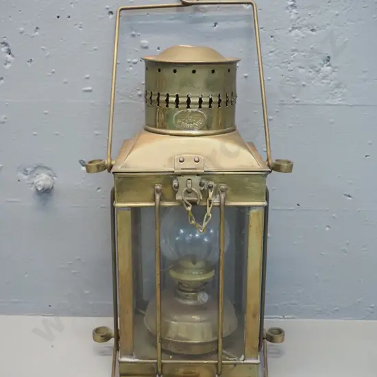 Viking brass and glass ship's lantern with internal chimney, top and bottom handles - case H-370 W-240 D-240
