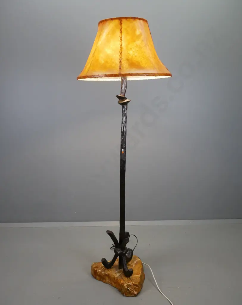 wrought iron standard lamp on polished stone or composite base, twin bulb fitting, animal hide shade H-1800 Shade D-620 Image 1++