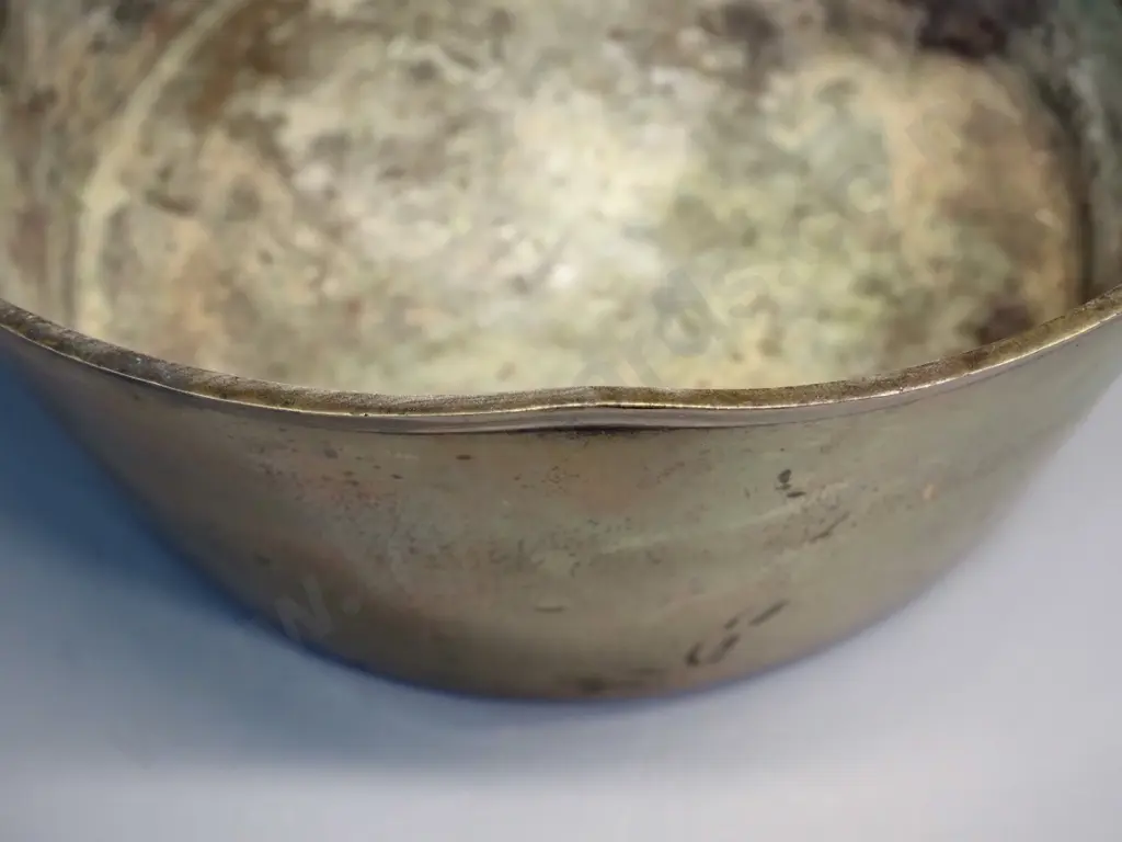 heavy gauge small brass jam pan with fixed cast metal handle - dent to rim, some corrosion and wear H-370 D-300 Image 1++