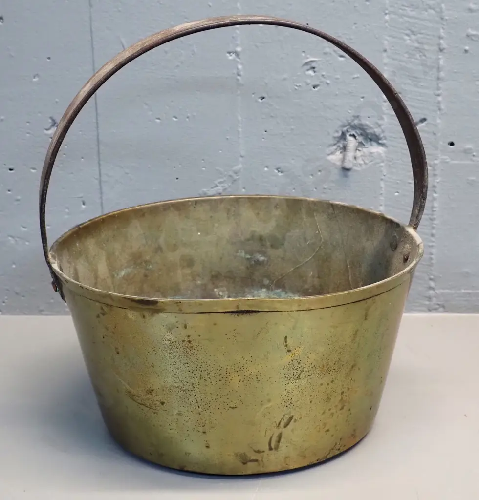 heavy gauge small brass jam pan with fixed cast metal handle - dent to rim, some corrosion and wear H-370 D-300 Image 1++
