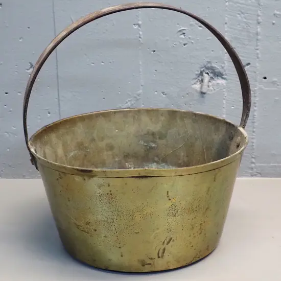 heavy gauge small brass jam pan with fixed cast metal handle - dent to rim, some corrosion and wear H-370 D-300