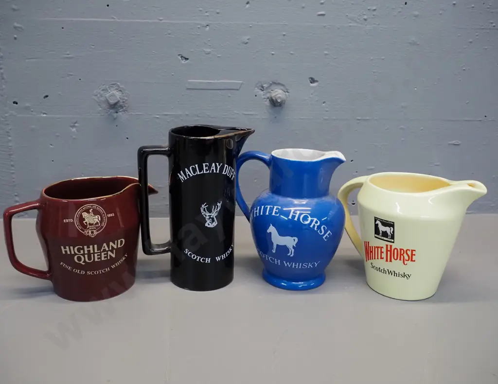 4 Scotch whisky water jugs - 3 made by Wade, blue White Horse is Portmeirion. Tallest is H180 Image 1++