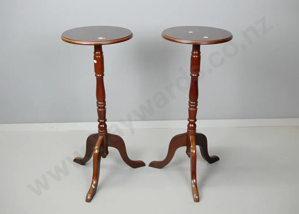 pair of reproduction mahogany round top pedestal candle stands - made in Taiwan label H-730 D-310 Image 1++