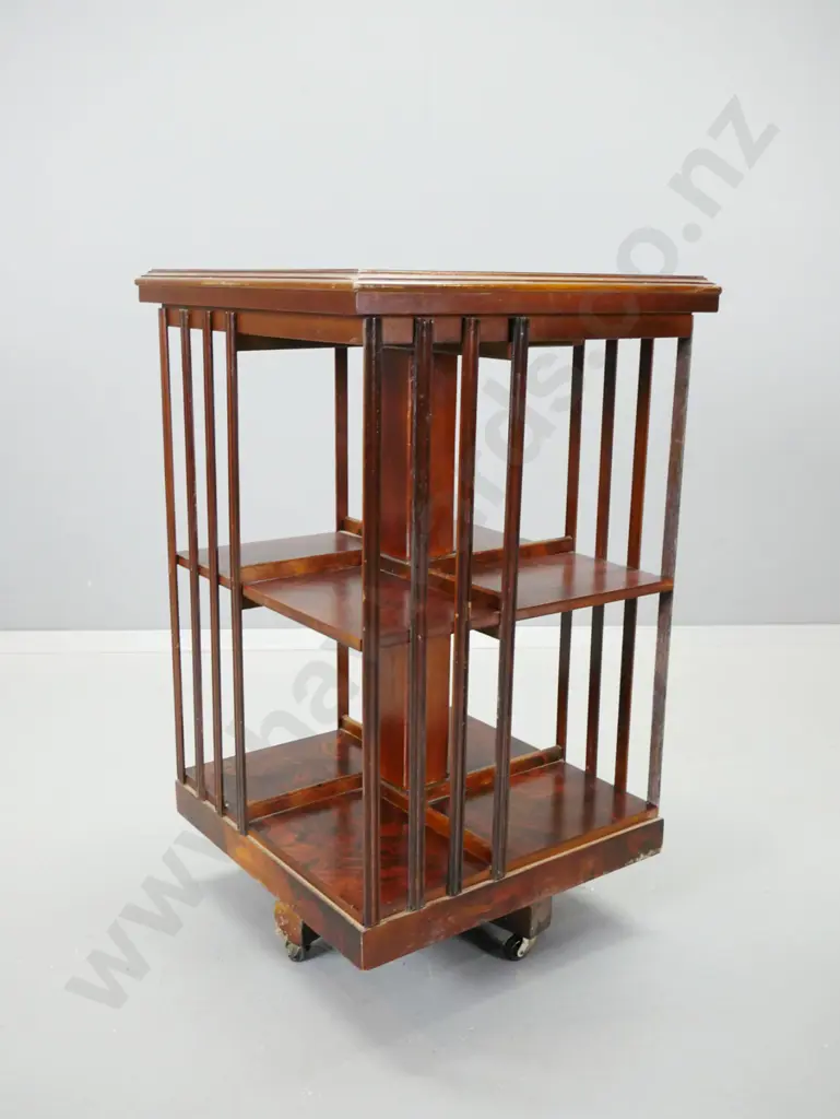 vintage walnut revolving bookcase with boxwood stringing and inlay to top, 2 shelves w/ slatted uprights H-790 480x480 Image 1++