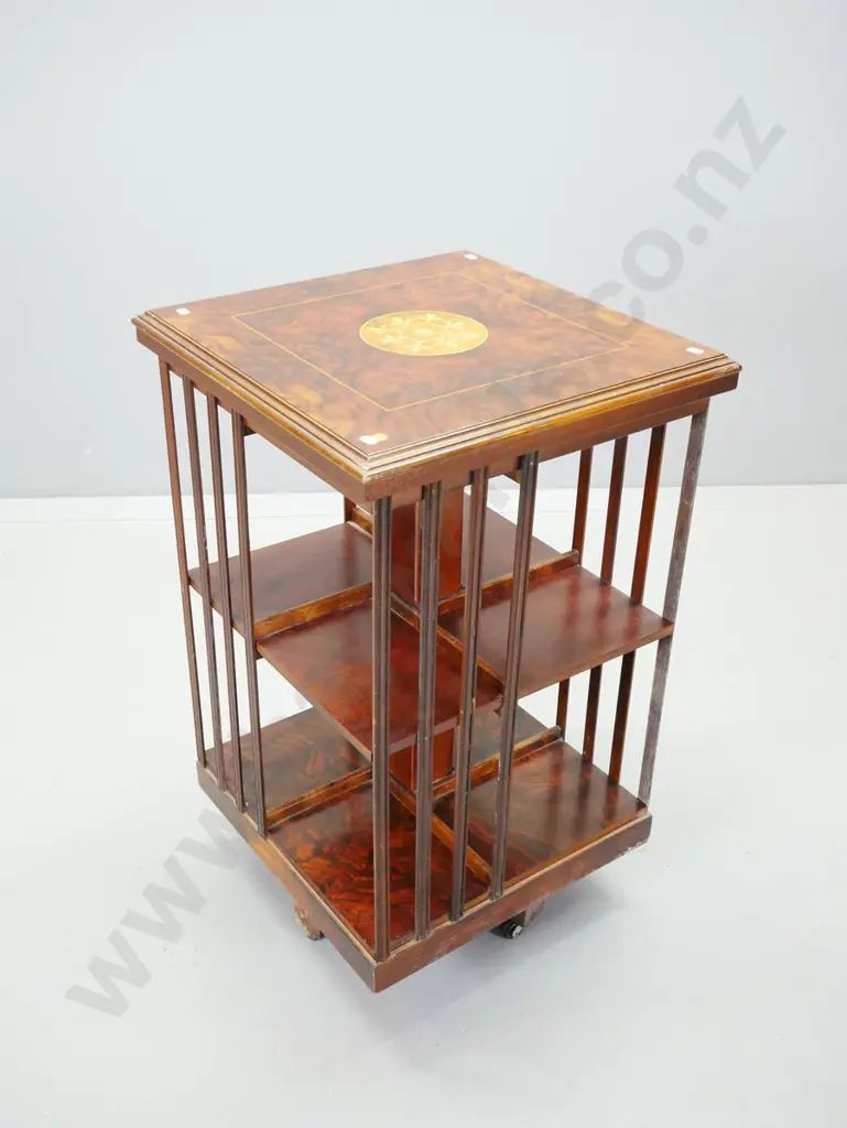 vintage walnut revolving bookcase with boxwood stringing and inlay to top, 2 shelves w/ slatted uprights H-790 480x480 Image 1++