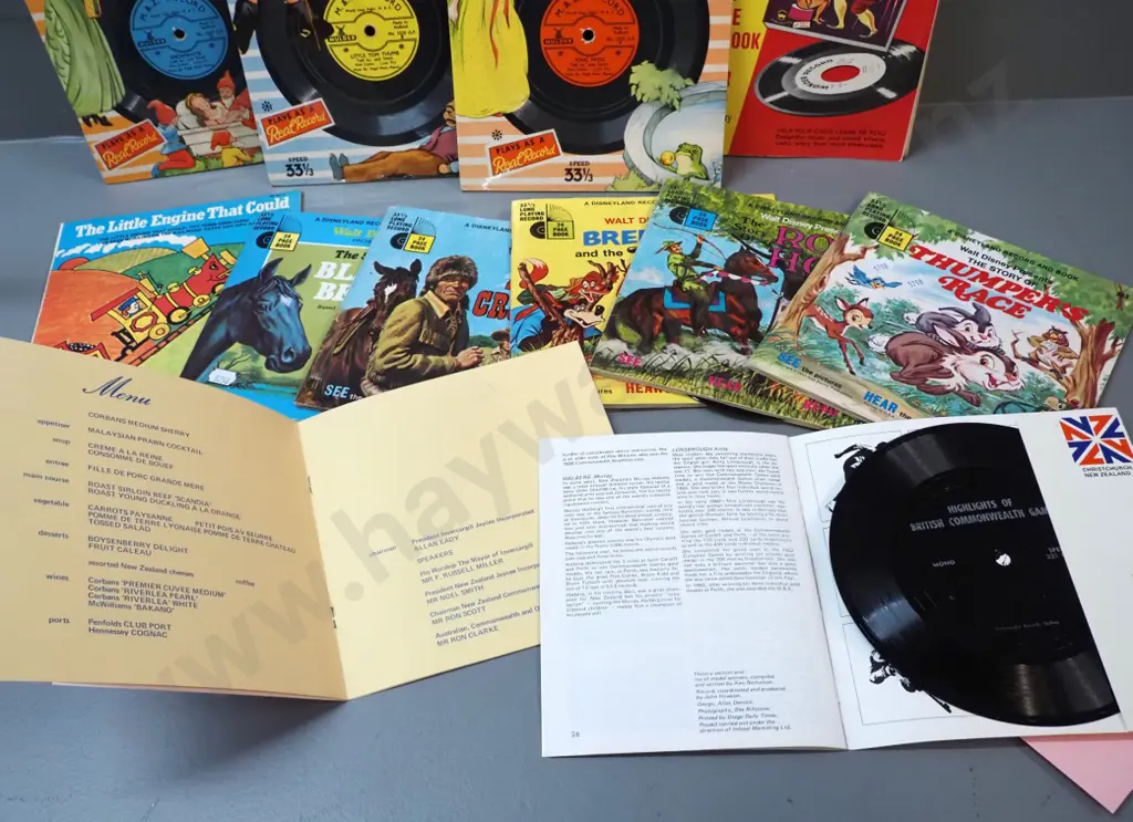 assorted children's book & record sets and 2 1974 Commonwealth Games items - a menu & a booklet with audio recording Image 1++